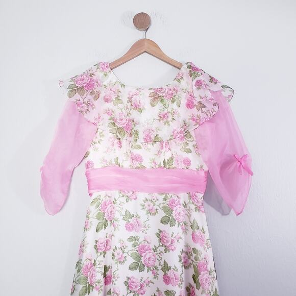 Vintage 70s Sylvia Ann Rose Floral Maxi Gown Regencycore Cottagecore Pink 14 - Picture 3 of 16